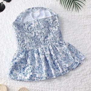 Blue and White Floral Smocked Top from SHEIN